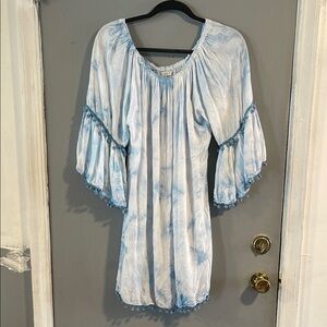 Exist Blue and White Bell Sleeve Midi Dress One Size